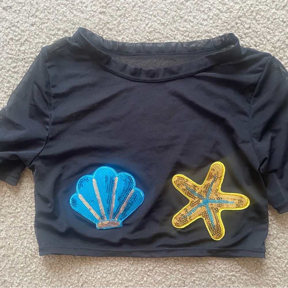 Black Crop Top with Blue and Yellow Sequin Patches